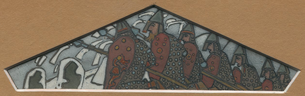 マジョリカフリーズ「ノーザンライフ」、1905年の右端の三角形の装飾のスケッチ 作： ニコラス・レーリッヒ