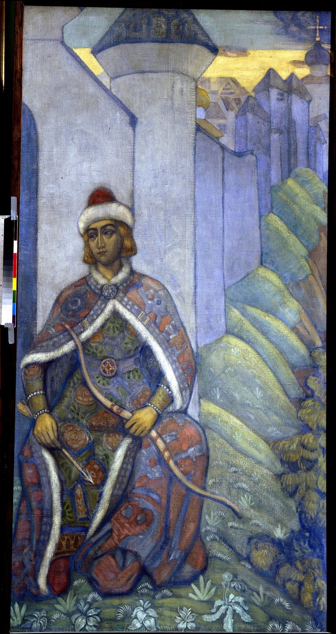 騎士。 Nicholas Roerich (1874-1947) の絵画、キャンバスにテンペラ 作： ニコラス・レーリッヒ