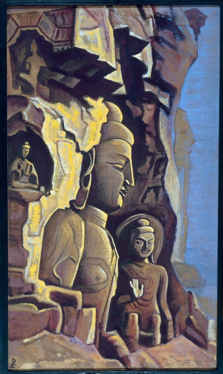雲崗（中国）。 Nicolas (Nicholas) Roerich (1874-1947) の作品、キャンバスにテンペラ 作： ニコラス・レーリッヒ