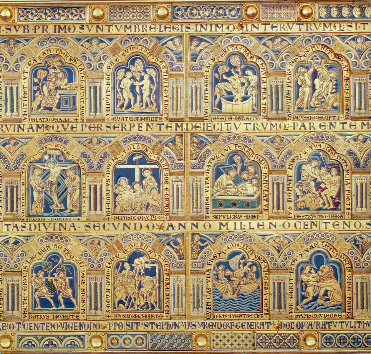 ヴェルダン祭壇、聖書の場面を描いた装飾パネルのディテール、1181年のエナメル細工 作： ヴェルダンのニコラス