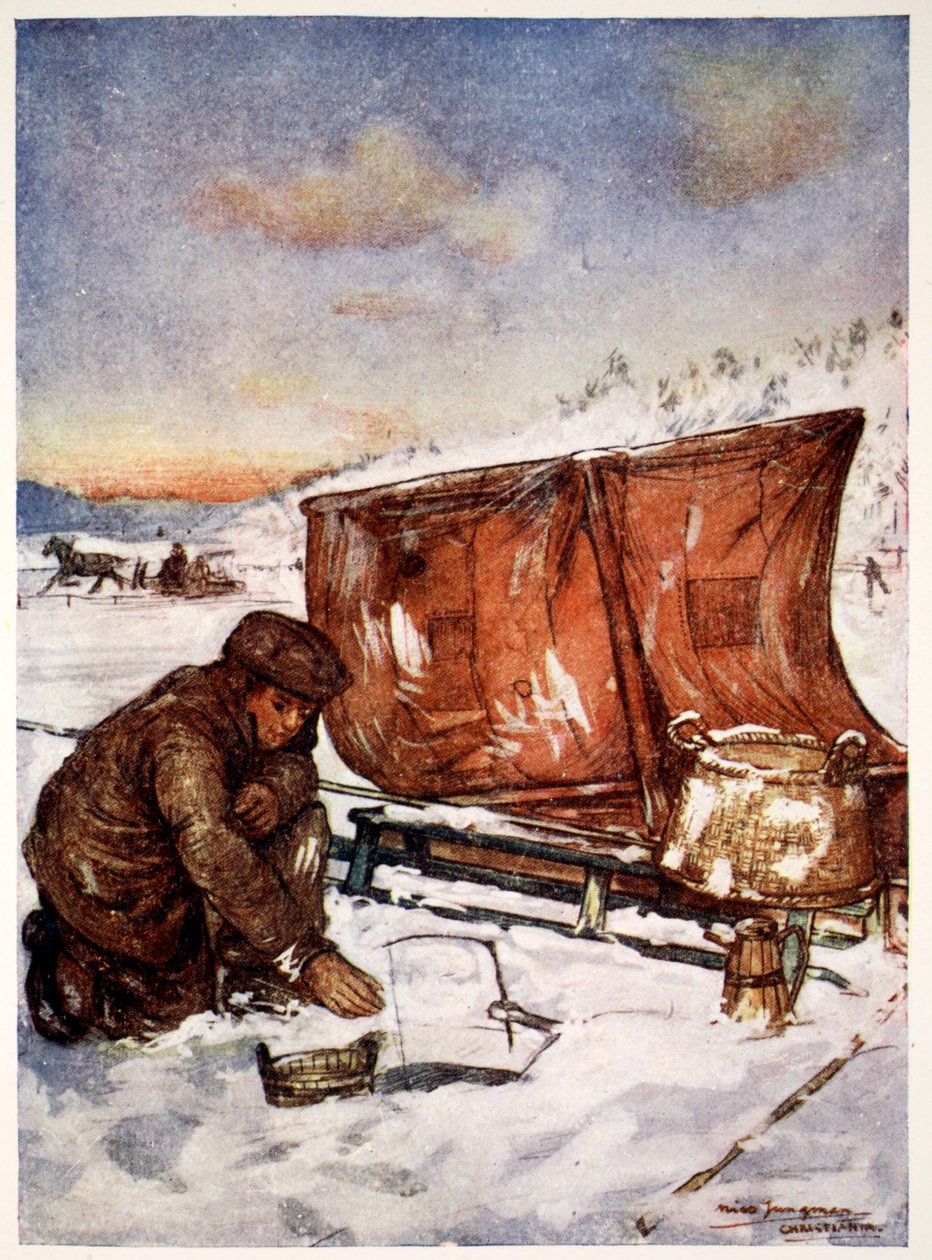 クリスチャニアフィヨルドでの氷の釣り、1905 作： ニコ・ユングマン
