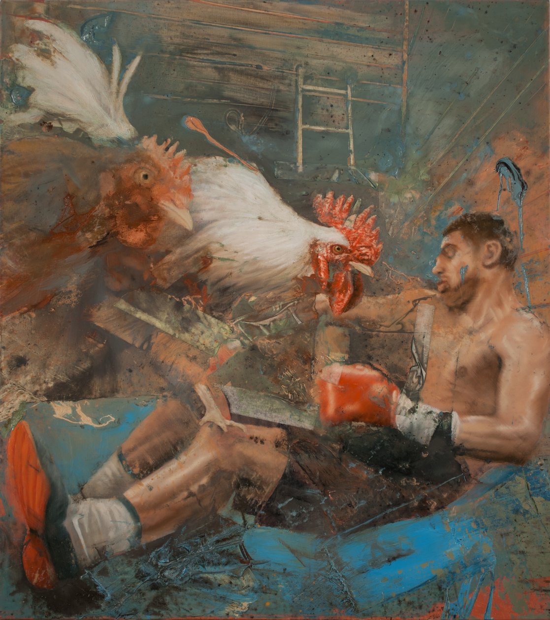 Boxer with roosters, 2018（キャンバスに油彩） 作： ニコラ・プッチ