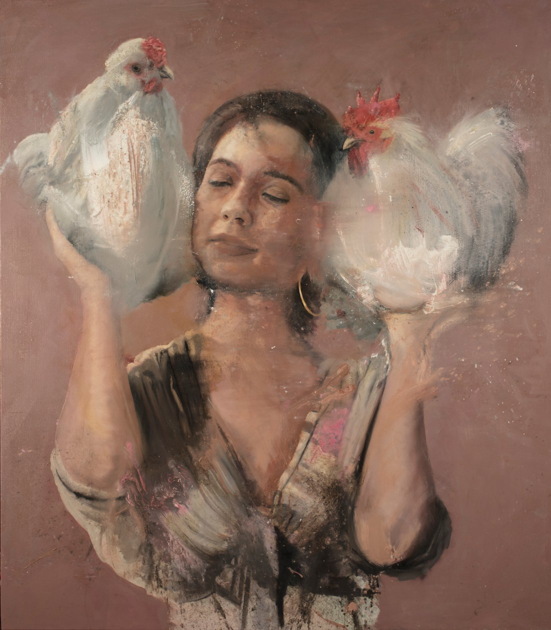 Girl with roosters, 2018（キャンバスに油彩） 作： ニコラ・プッチ