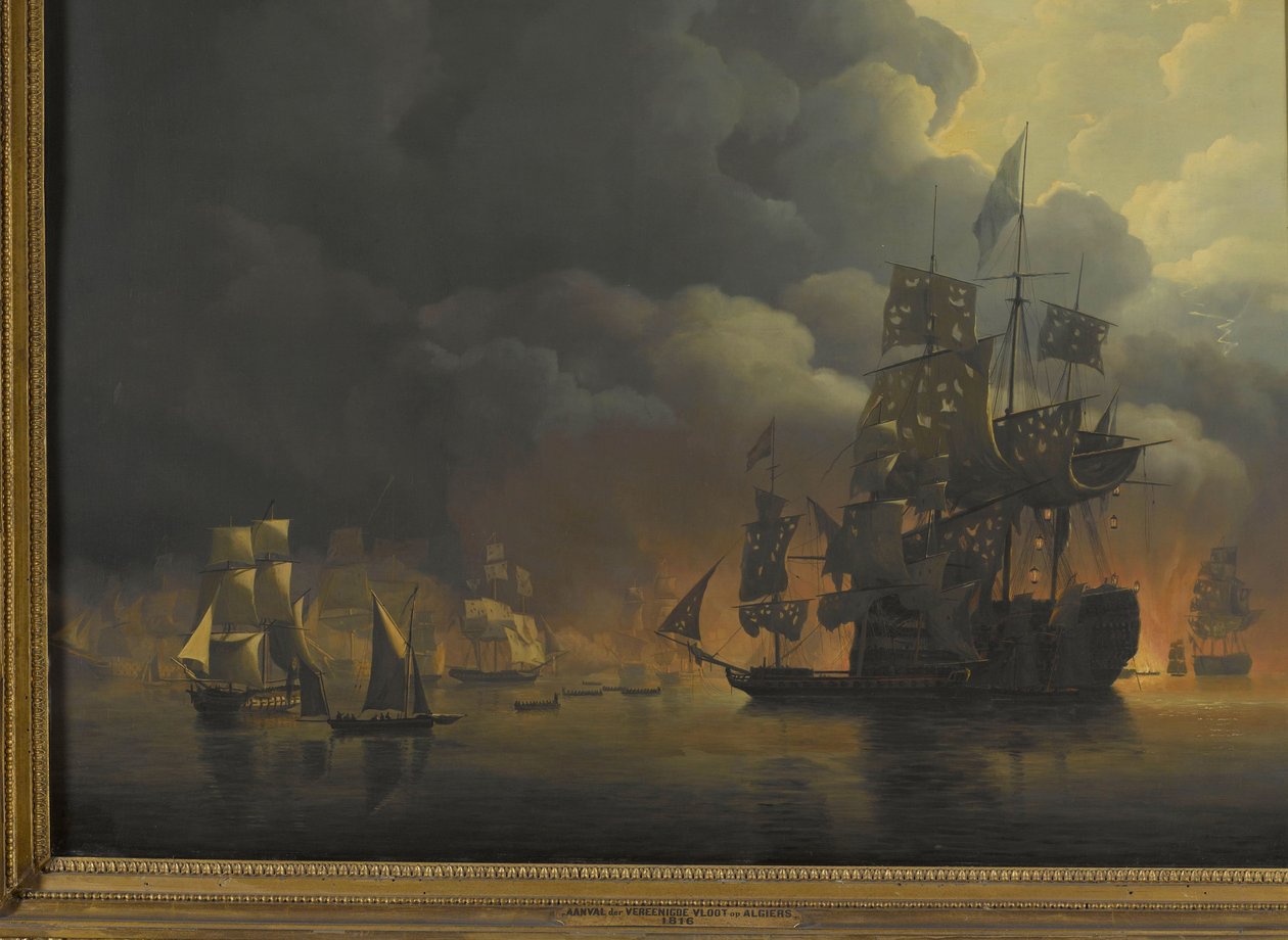 1816 年 8 月 27 日、アルジェリアの要塞を攻撃するエクスマウス卿とジョンキール・テオドロス・フレデリック・ファン・カペレン中将率いる英蘭艦隊 1816 年 8 月 26 日から 27 日までのアルジェ湾での英蘭艦隊のプレゼンス中の 4 つのエピソード 作： ニコラス・バウル