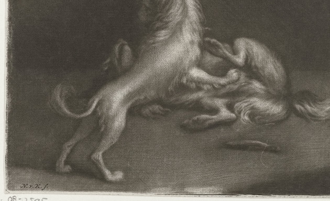 2 つの遊ぶ犬 作： Nicolaas Verkolje