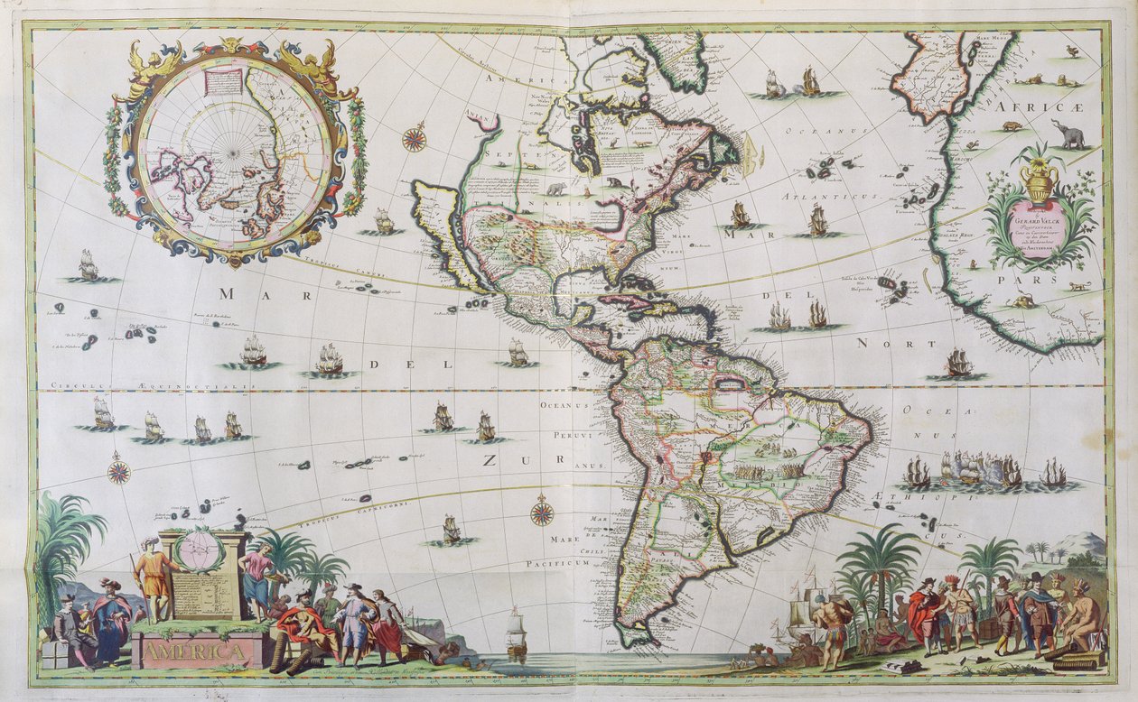 アメリカ、プレート84、 &39;Atlas Minor Sive Geographica Compendiosa&39;、1680（手彩色の彫刻） 作： ニコラス・ヤンス・フィッシャー