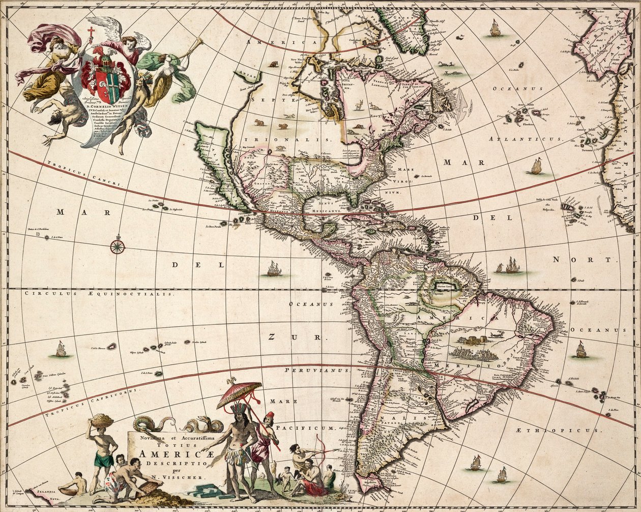 アメリカ大陸の海図 1671年頃（彩色エングレーヴィング） 作： ニコラエス・ヤンシュ (1586 1652) ヴィッシャー