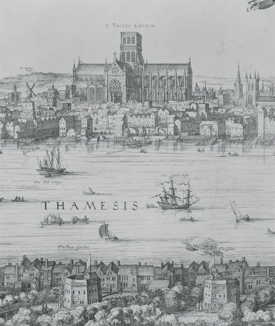 ロンドンとテムズのパノラマ、セントポール大聖堂とグローブ座を示すパート2の詳細、c.1600の7214の彫刻の詳細 作： ニコラス・ヤンス・フィッシャー