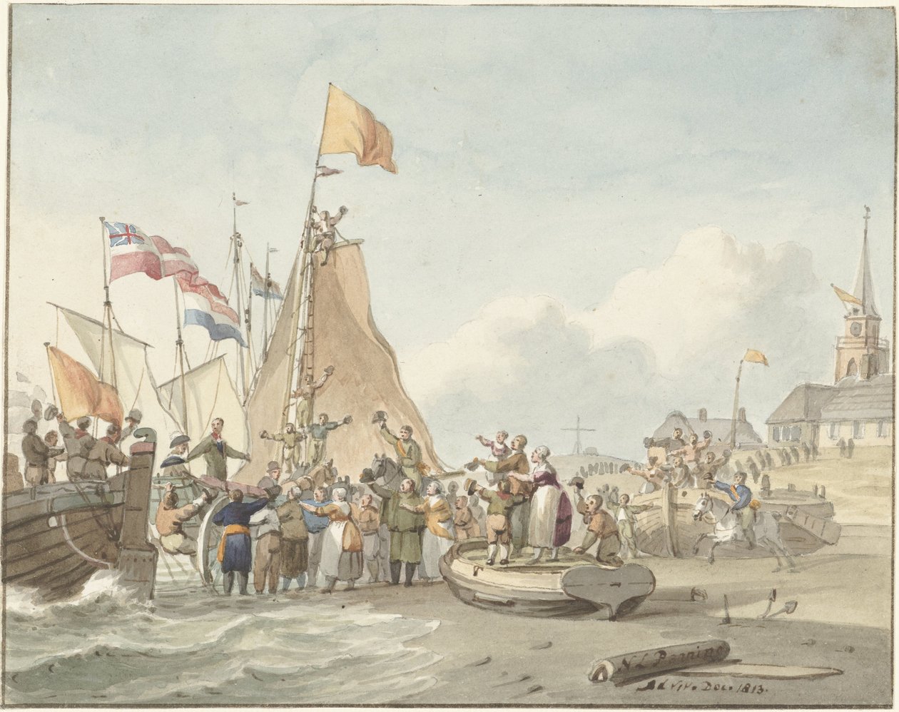 1813 年 11 月 30 日、スヘーフェニンゲンにウィレム フレデリック王子が到着 作： Nicolaes Lodewick Penning（アーティストによる署名）