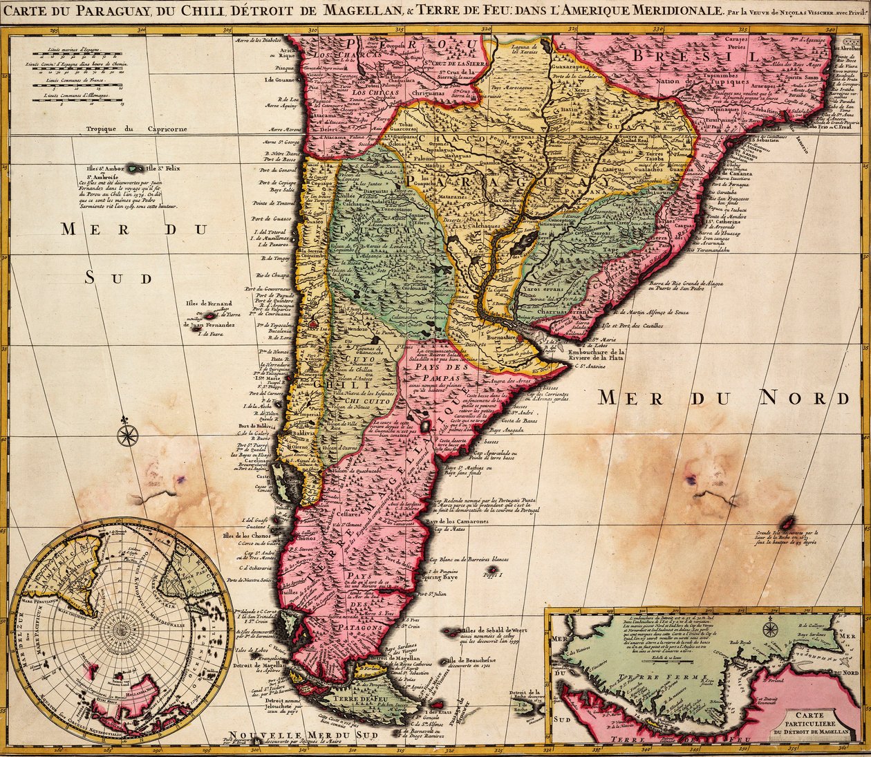南米のパラグアイ、チリ、マゼラン海峡、ティエラ・デル・フエゴの海図、1720年頃（彩色版画） 作： ニコラス・ザ・ヤング・フィッシャー
