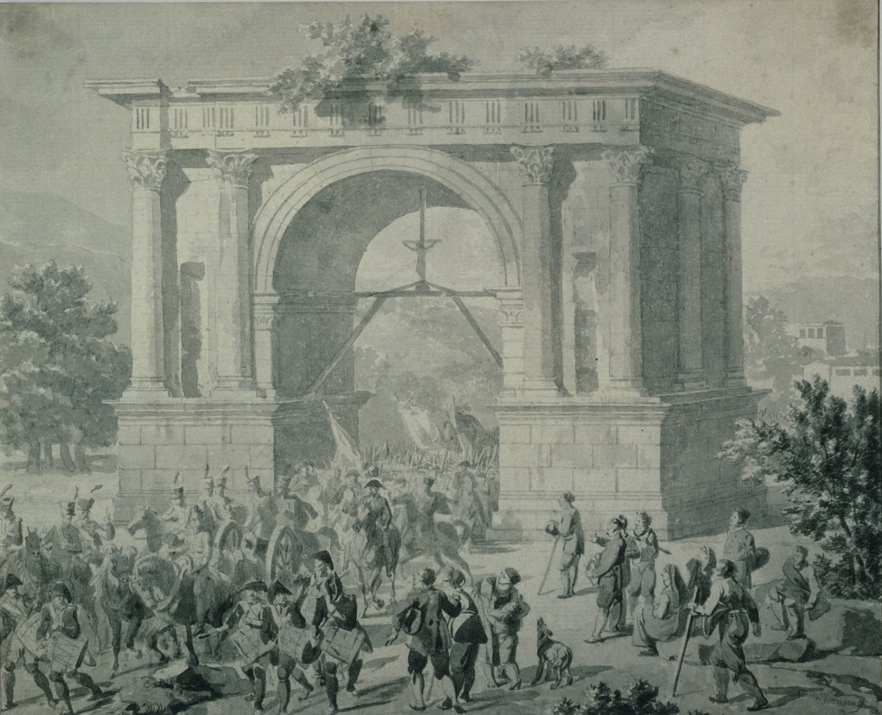 1800年5月のフランス軍のアオスタへの入り口（ペン、インク、紙の上で洗う） 作： ニコラス・アントワーヌ・トーネ