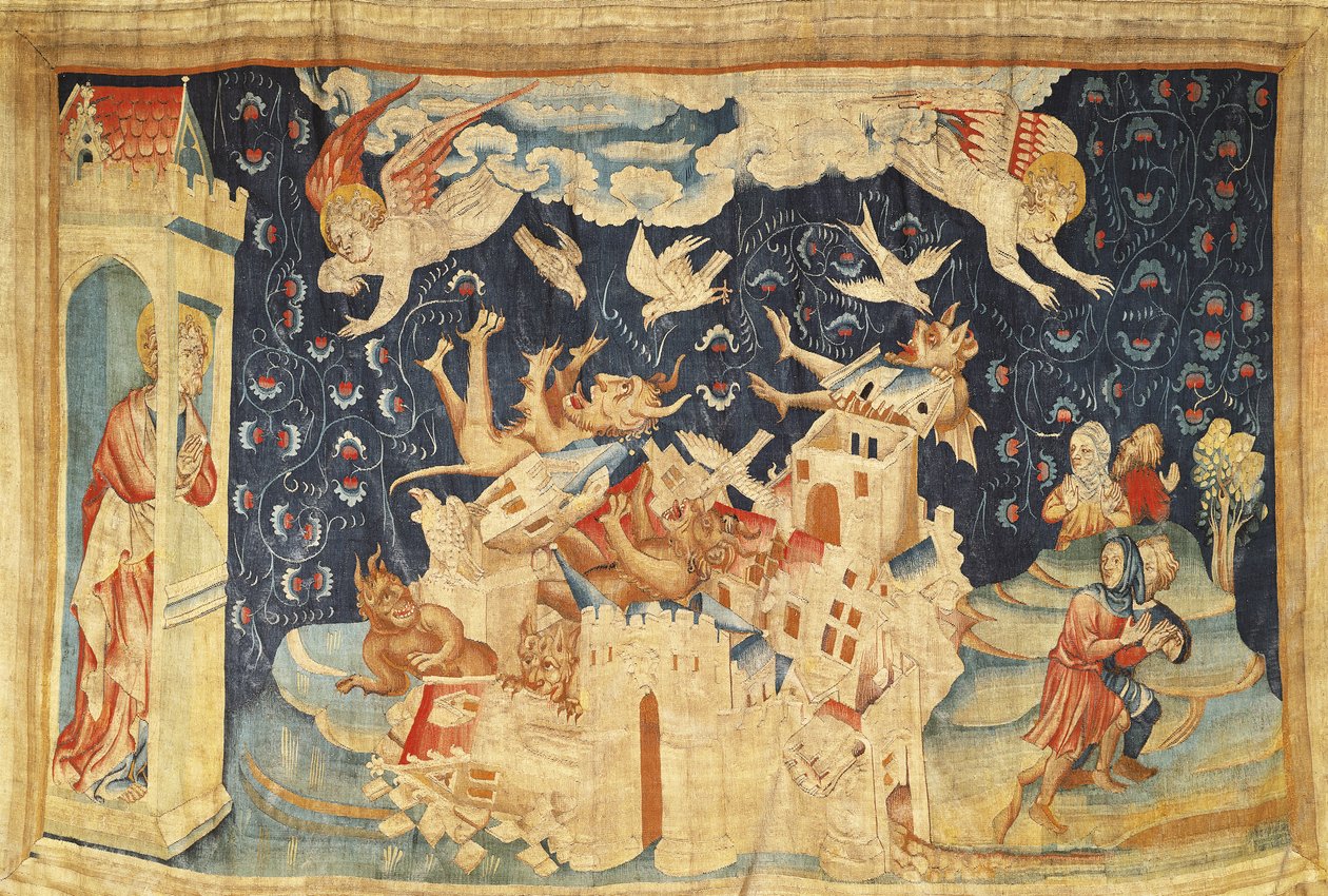悪魔によって侵略されたバビロン、「怒りの黙示録」からの66番、1373-87年（タペストリー） 作： ニコラス・バタイユ