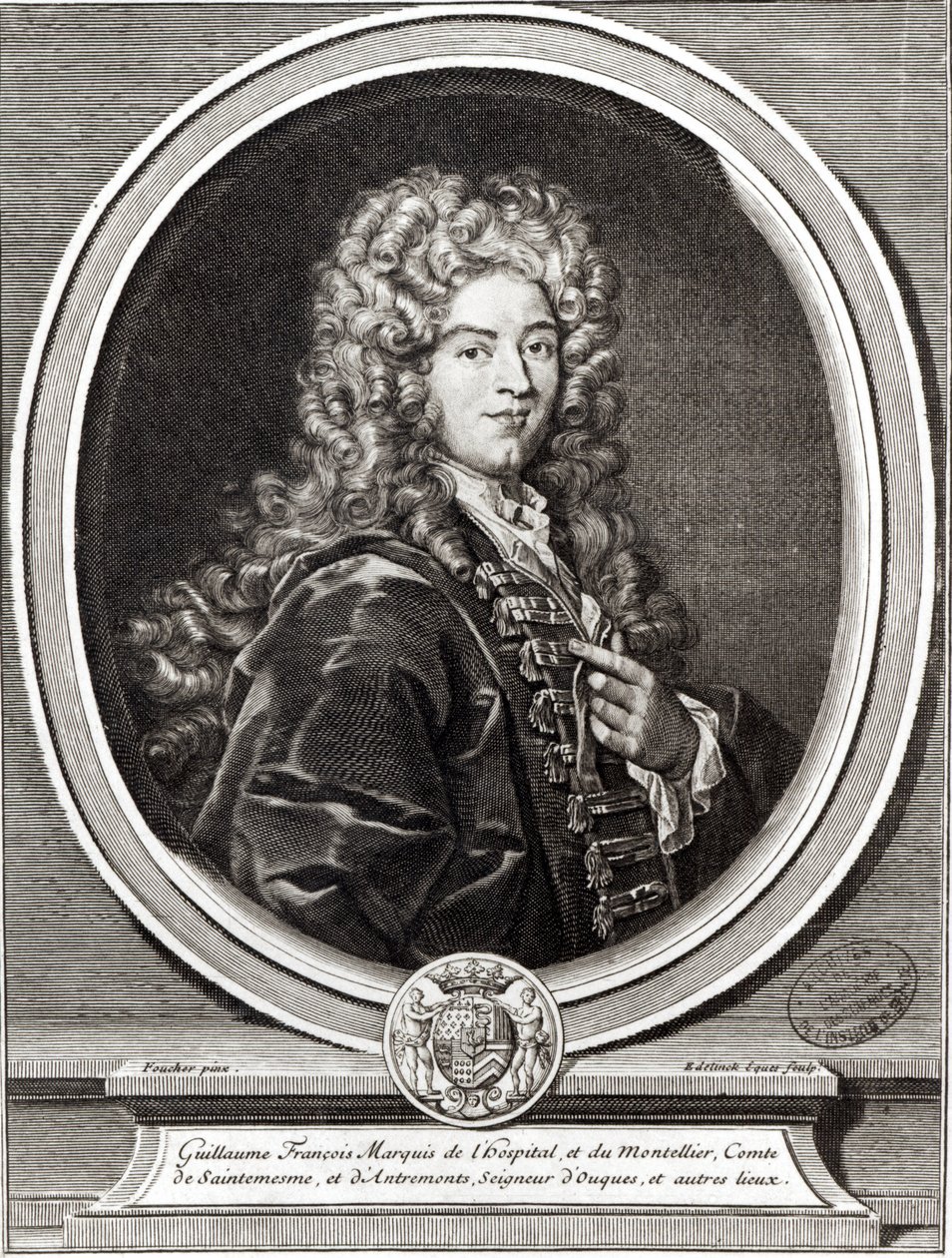 ギヨーム・ド・ロスピタールの肖像（1661-1704）、ジェラール・エデリンク（1640-1707）による彫刻（bw写真） 作： ニコラス・フーチャー