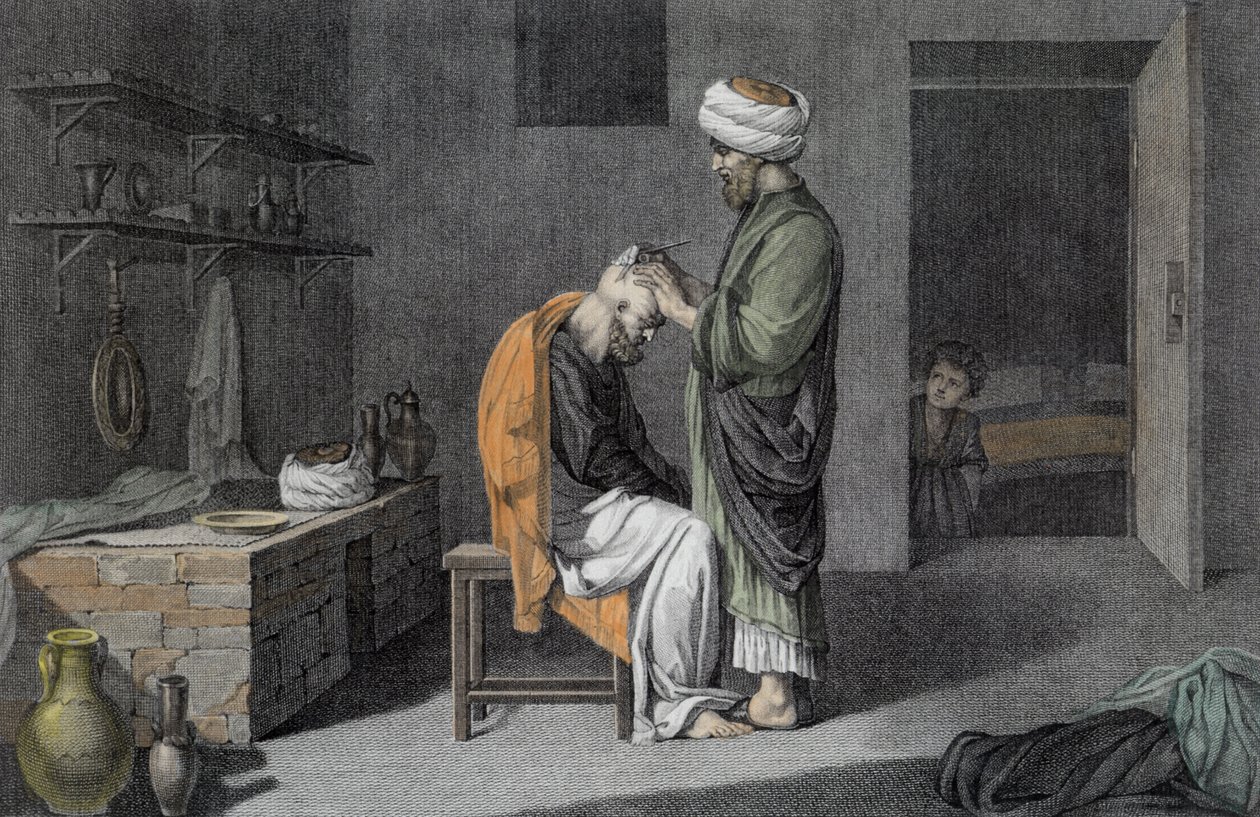 エティエンヌフレデリックリニョン（1779-1833）pubによって刻まれた「エジプトの説明」のボリュームIIの芸術と貿易からの理髪師。ナポレオンの命令の下、1822年（後の着色） 作： ニコラス・ジャック・コンテ