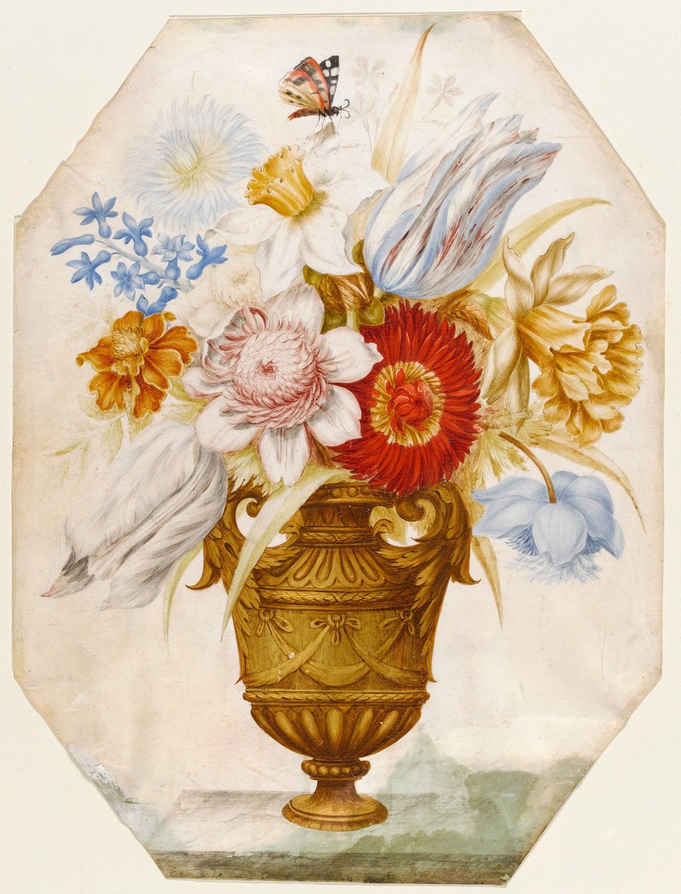 ナルシッシの上に蝶が乗っている棚のある棚の上に立つ花瓶の静物画 作： ニコラス・ロバート