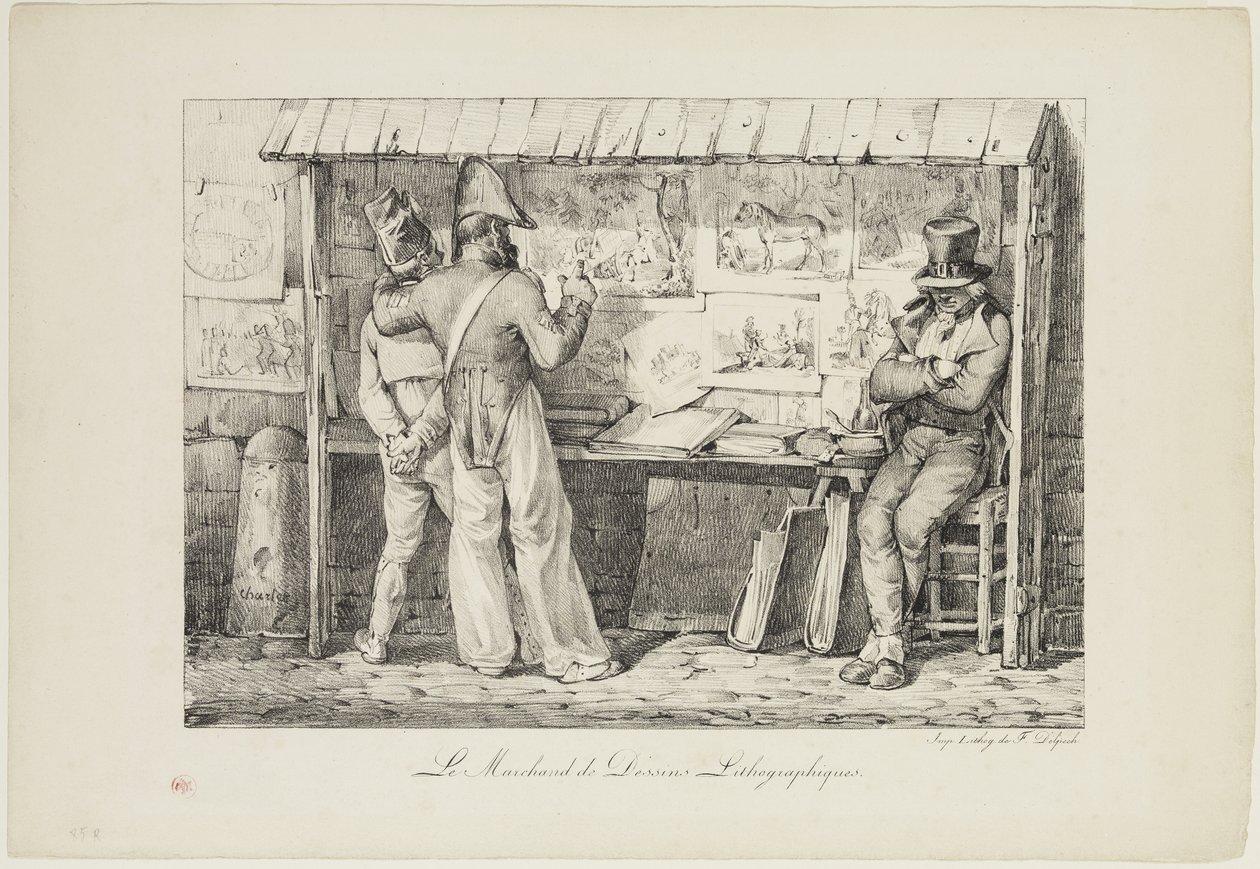 1818年から1819年の間のLe marchand de dessins lithographiques（織り紙に黒インクで印刷されたリソ） 作： アレクサンドルガブリエル（後）デカンプ