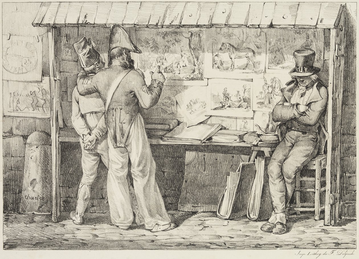 1818年から1819年の間のLe marchand de dessins lithographiques（織り紙に黒インクで印刷されたリソ） 作： アレクサンドルガブリエル（後）デカンプ