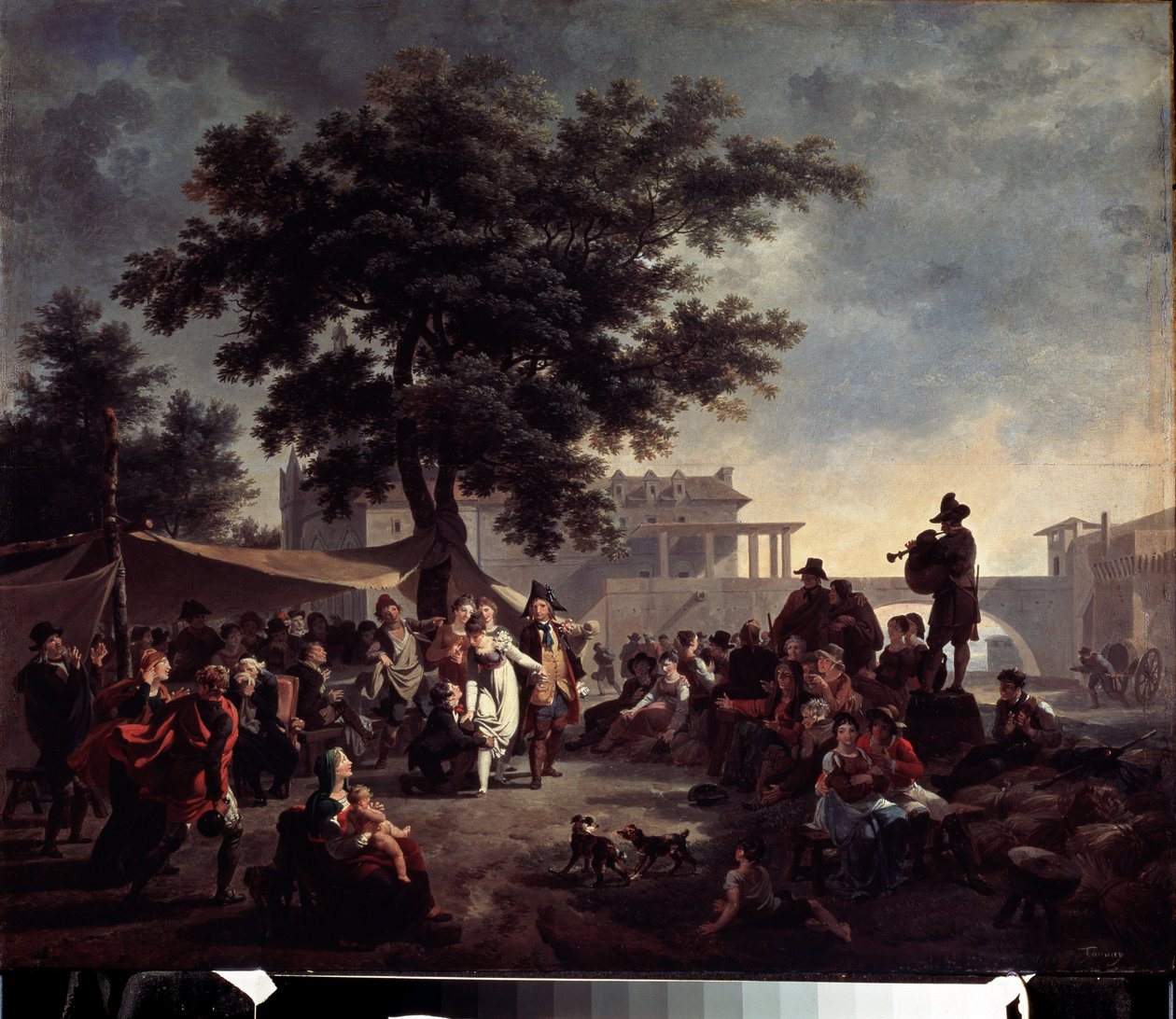 素朴なカントリー ウェディング。 Nicolas Antoine Taunay (1755-1830) の絵画。 木に油彩、41 x 56 cm。 18世紀フランスの芸術。 プーシキン美術館、モスクワ。 作： ニコラス・アントワーヌ・トーネ
