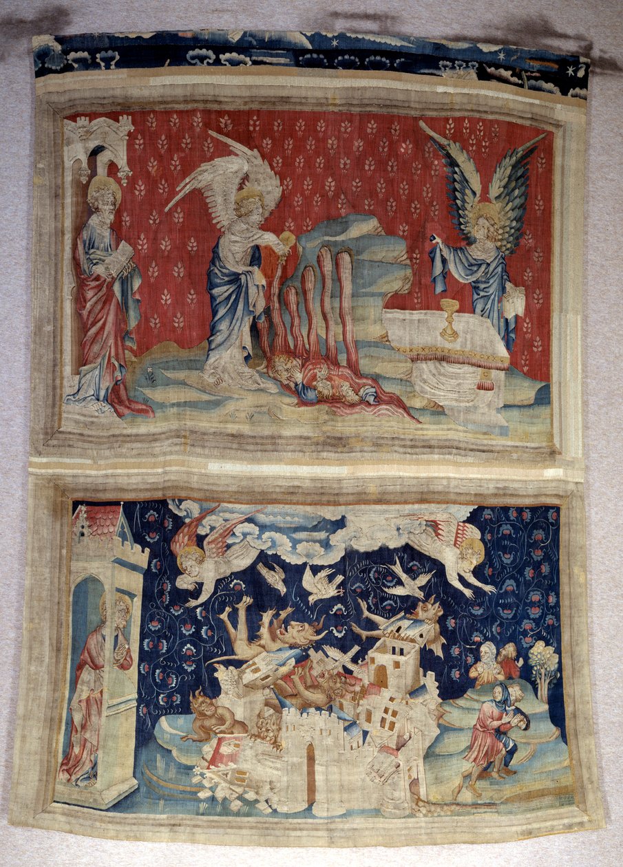 黙示録の垂れ幕（1373-1383）、n.59：2本目と3本目が海と水の上に注がれています。階下、n.66、バビロンは悪魔に侵略される。ニコラ・バタイユ（1330-1405）のタペストリー 作： ニコラス・バタイユ