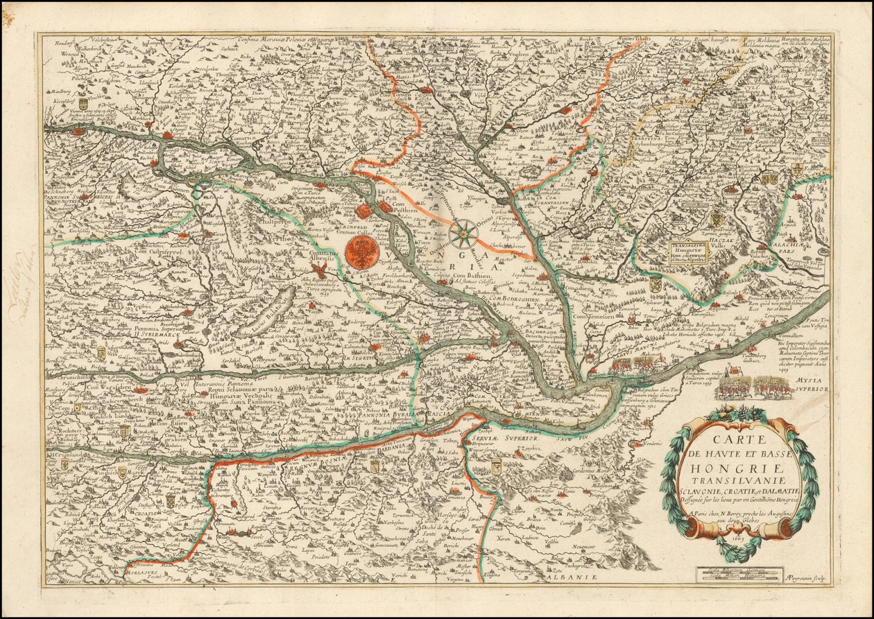 1663年、ニコラ・ベレーが出版したハンガリー上下部、トランシルヴァニア、スロヴェニア、クロアチア、ダルマチアの地図 作： ニコラス・ベレイ