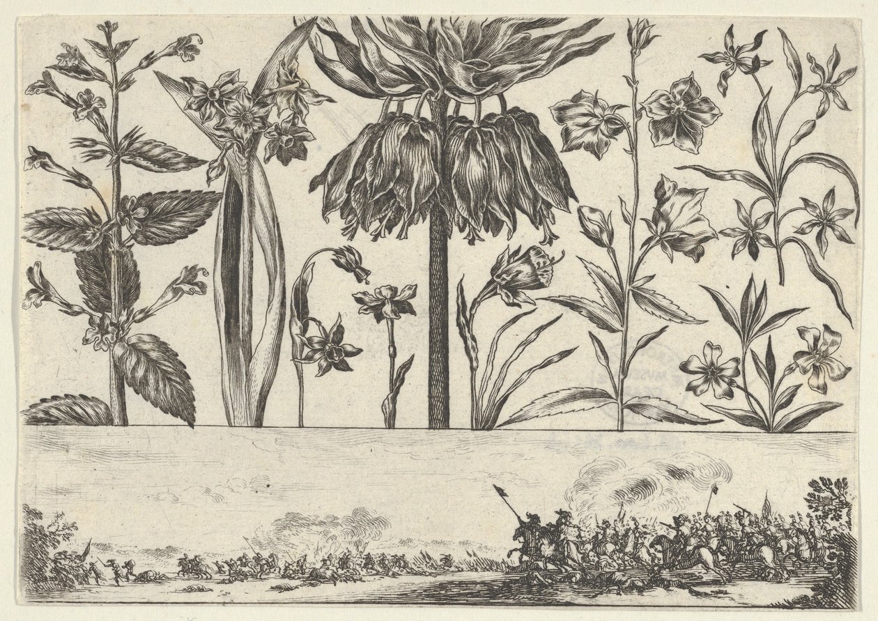 フリーズの上に花が一列に並んだ水平パネル、風景の中の戦闘シーン、...、1645年。 作： ニコラス・コーチン