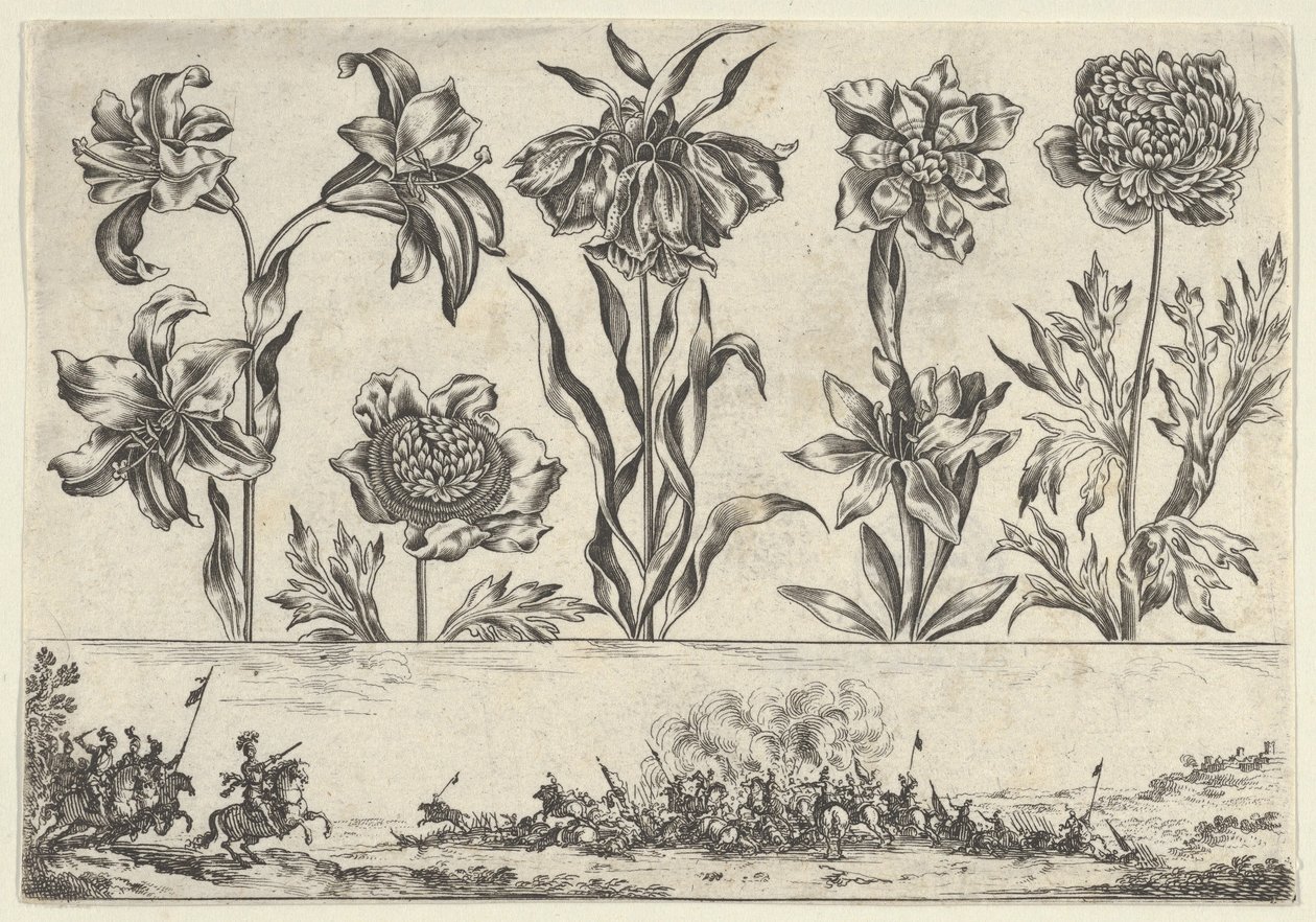 フリーズの上に花が一列に並んだ水平パネル、風景の中の戦闘シーン、...、1645年。 作： ニコラス・コーチン