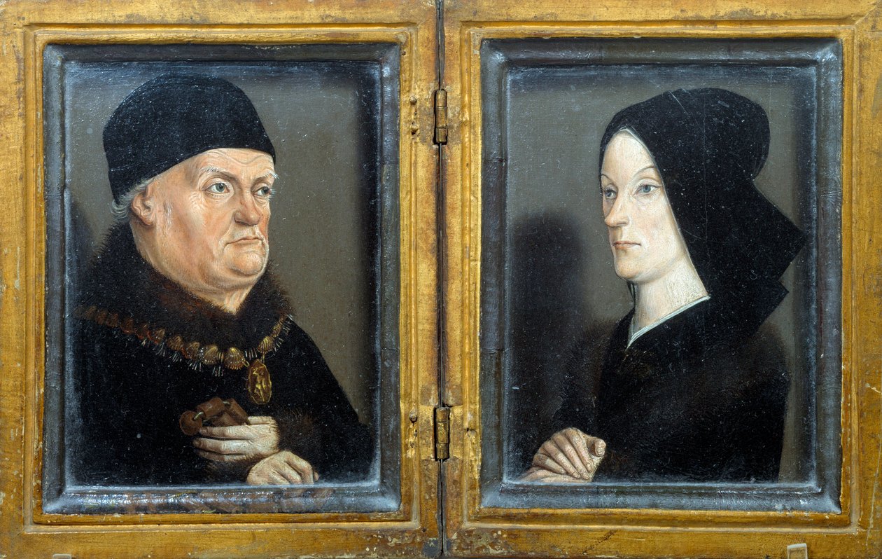 マテロンの二枚組：アンジュー公、プロヴァンス伯、シチリア王、エルサレム王（1409-1480）のルネとその妻ジャンヌ・ド・ラヴァルの肖像画。ニコラ・フロマン（1425年頃-1483年/1486年）による絵画 日。0,17x0,13 m 作： ニコラス・フロマント