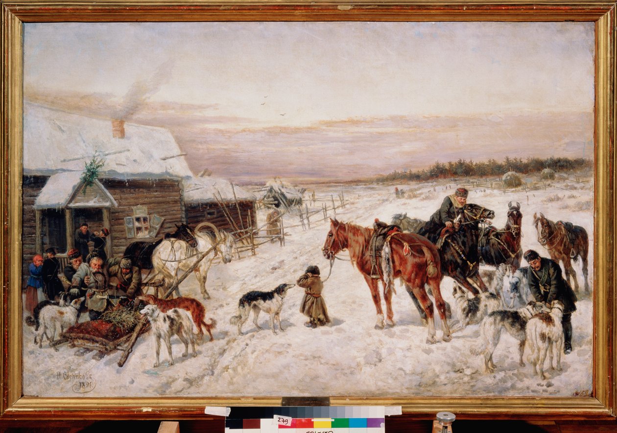 冬のパブの前 - Nikolai Yegorovich Sverchkov (Nicolas Swertschkoff) (1817-1898) の絵画、キャンバスに油彩 作： ニコラス・グレゴロヴィッチ・スベルトシュコフ