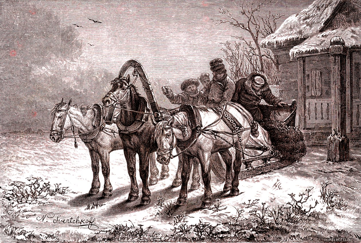 ロシア1865年の中継所。1865年の郵便局（エングレーヴィング） 作： ニコラス・グレゴロヴィッチ・スベルトシュコフ