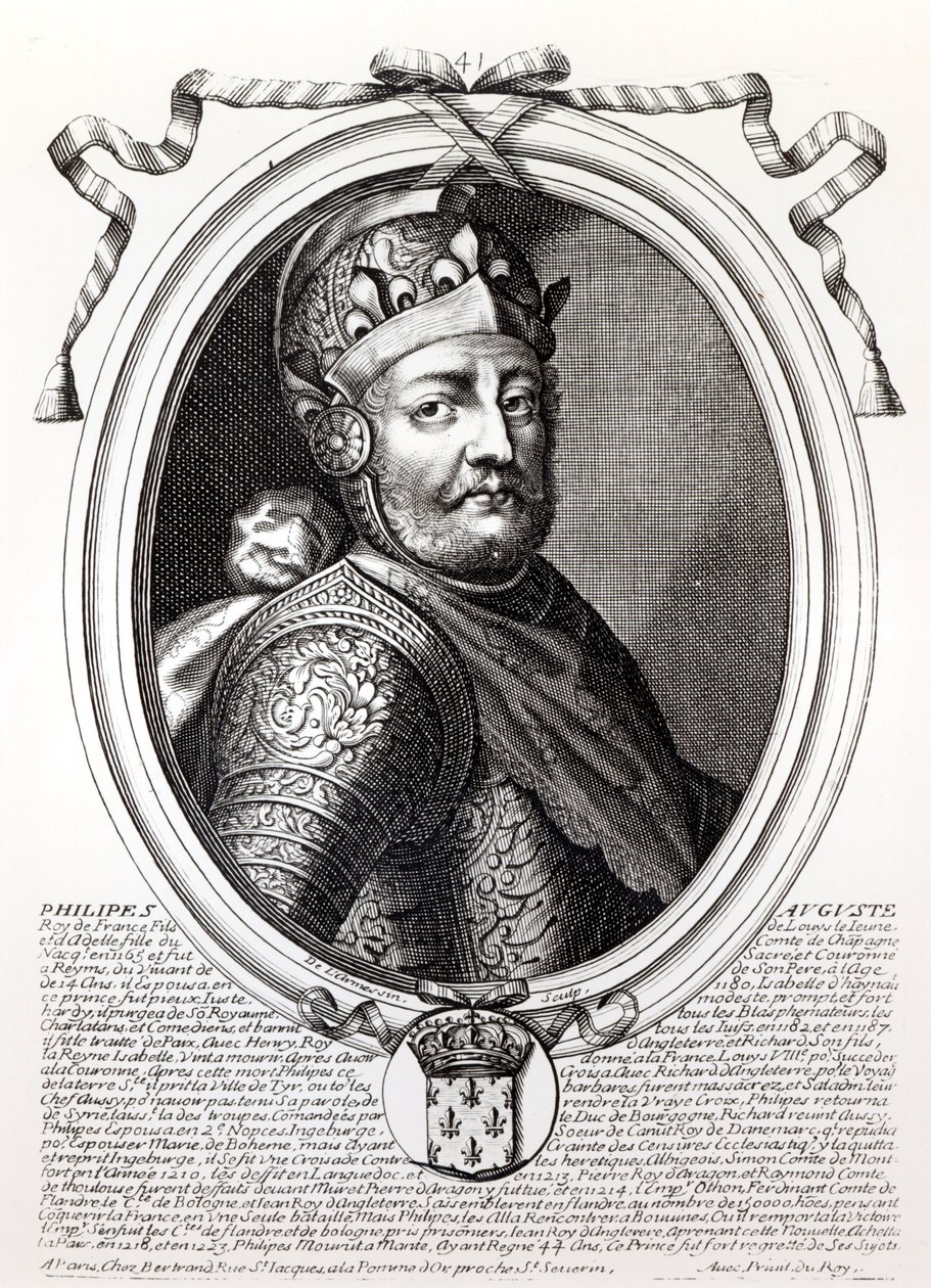 フィリップアウグストゥス2世（1165-1223）フランス王、「オーモンドのフランス王、ファラモンドからルイ14世まで」、1679年 作： ニコラスIIデラルメシン