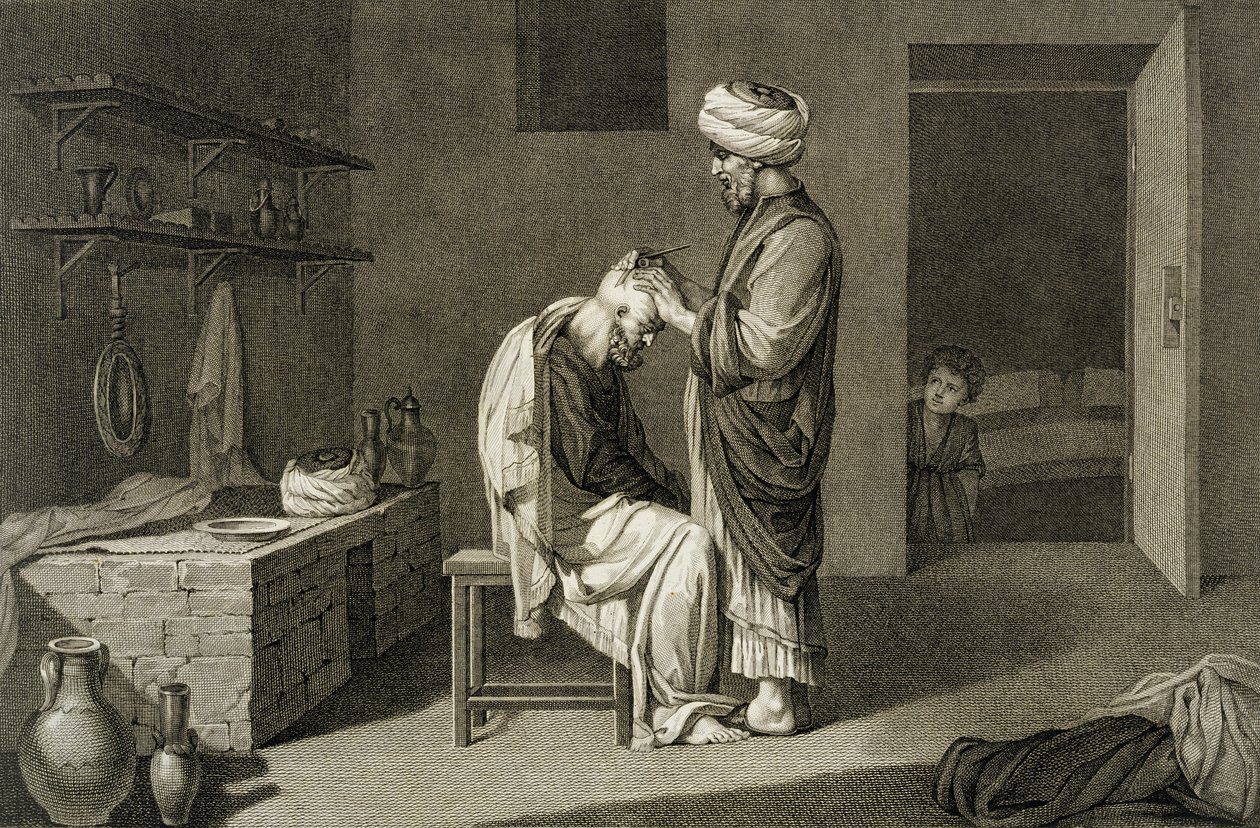 エティエンヌ・フレデリック・リニョン（1779-1833）がナポレオンの命令で出版した「エジプトの記述」の第2巻「芸術と商売」に掲載されている「理髪師」。 作： ニコラ・ジャック（後）コンテ