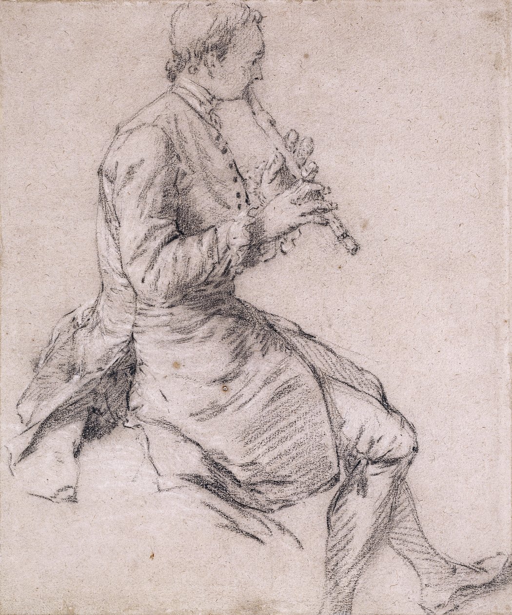 右の横顔でフルートを演奏する着席男、c.1720s