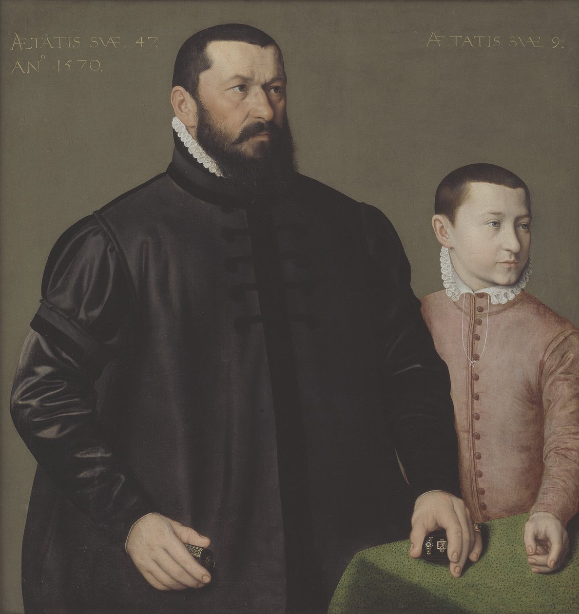 ニュルンベルクの金細工師ハンス・レンカー (1523-1585) と彼の 9 歳の息子エリシウスの肖像 作： ニコラス・ヌフシャテル