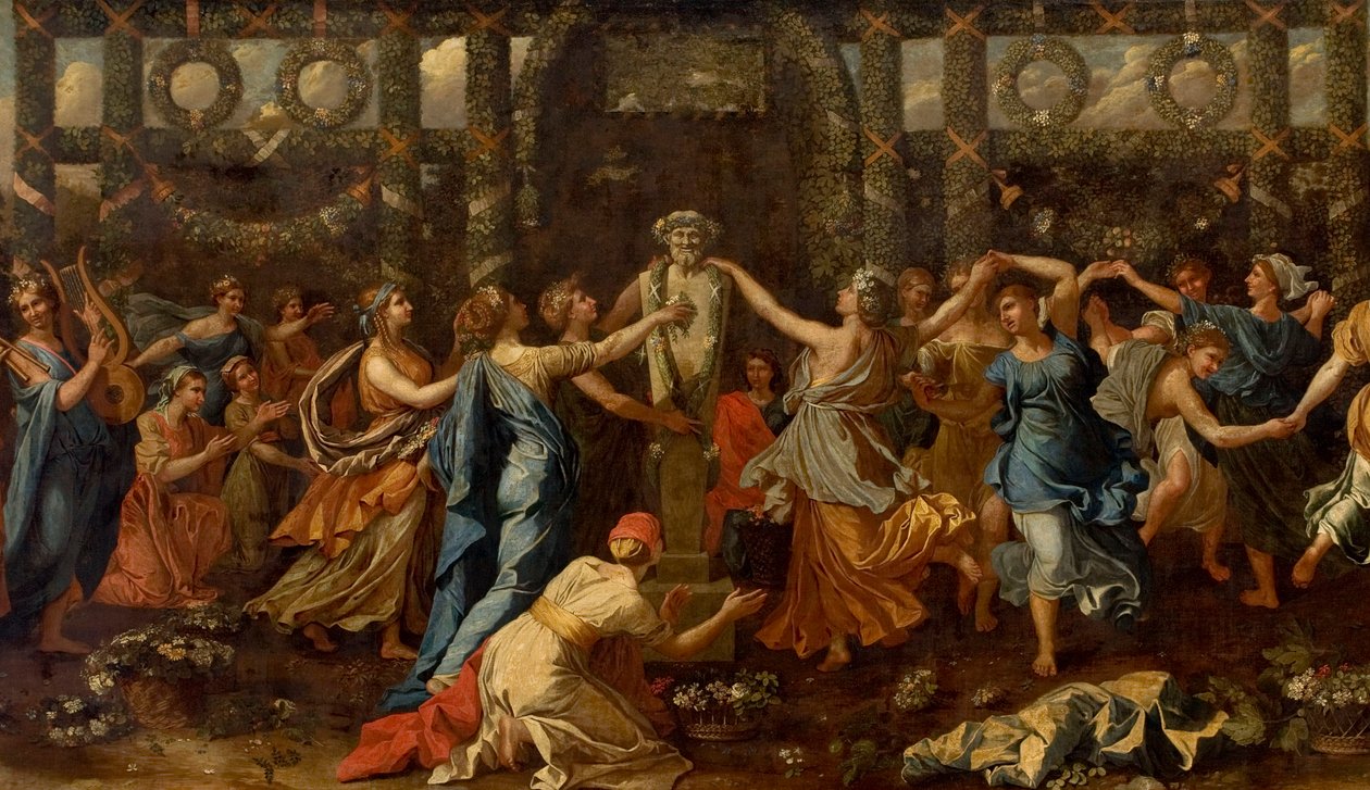 プリアポスへの捧げ物中に女性に変装したヒメナイオス、1635年頃（キャンバスに油彩）（詳細） 作： ニコラス・プッサン