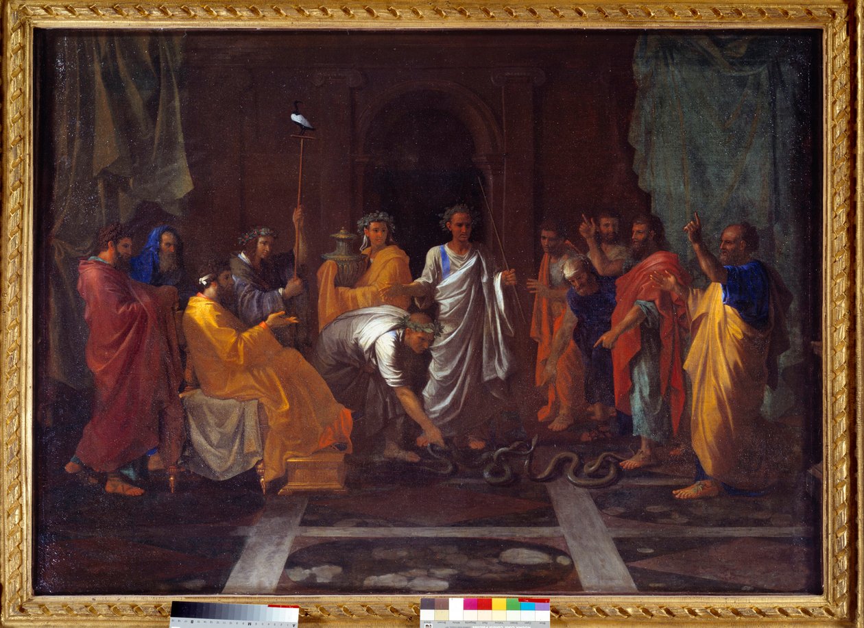 モーセはアーロンの杖を蛇に変えます。NicolasPoussinによる絵画 作： ニコラス・プッサン