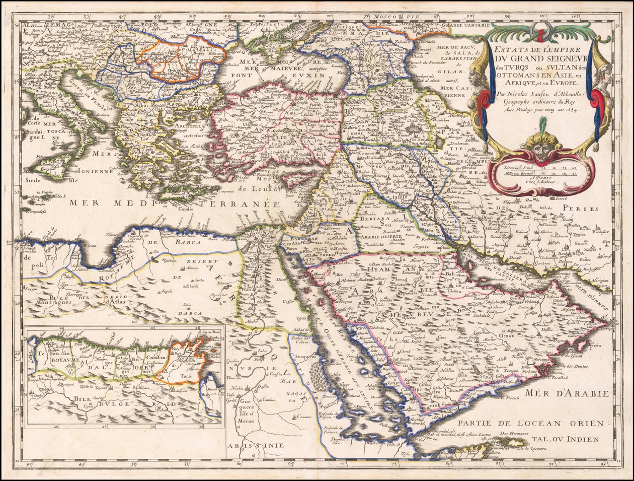 1654年地図 - アジア、アフリカ、ヨーロッパにおけるオスマントルコの大君主またはスルタンの帝国遺産 作： ニコラス・サンソン