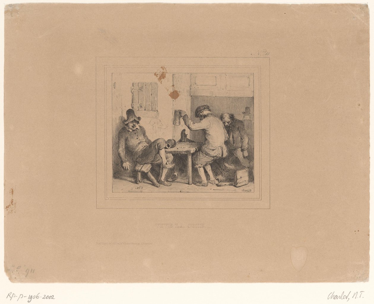 パブで酔っ払った 3 人の農夫 Vive la joie (オブジェクトのタイトル) スケッチ 1837 (シリーズ タイトル) Croquis par Charlet 1837 (シリーズタイトル) 作： アレクサンドルガブリエル（後）デカンプ
