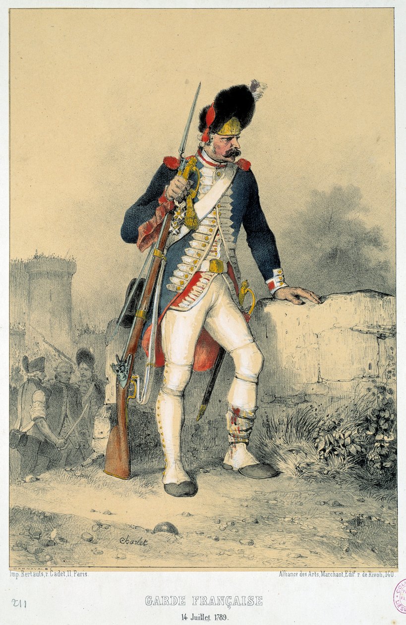 フランス衛兵の一員（1789年7月14日）。ニコラ・トゥーサン・シャルレ（1792-1845）によるエングレーヴィング 作： アレクサンドルガブリエル（後）デカンプ