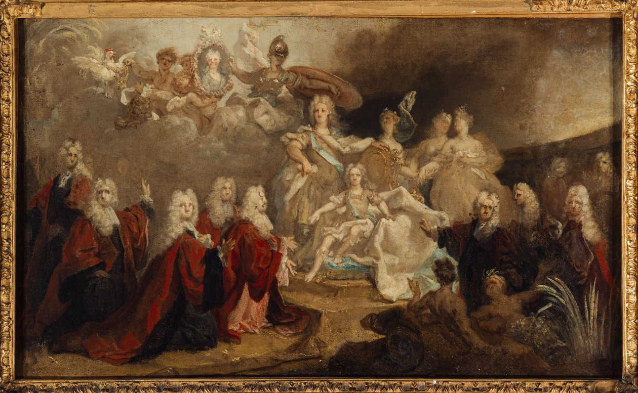 ルイ15世とスペイン王太子マリーアンヌヴィクトワールとの婚約の寓意（1722年）、油彩・カンヴァス 作： ニコラ ド (ワークショップ) ラルジリエール
