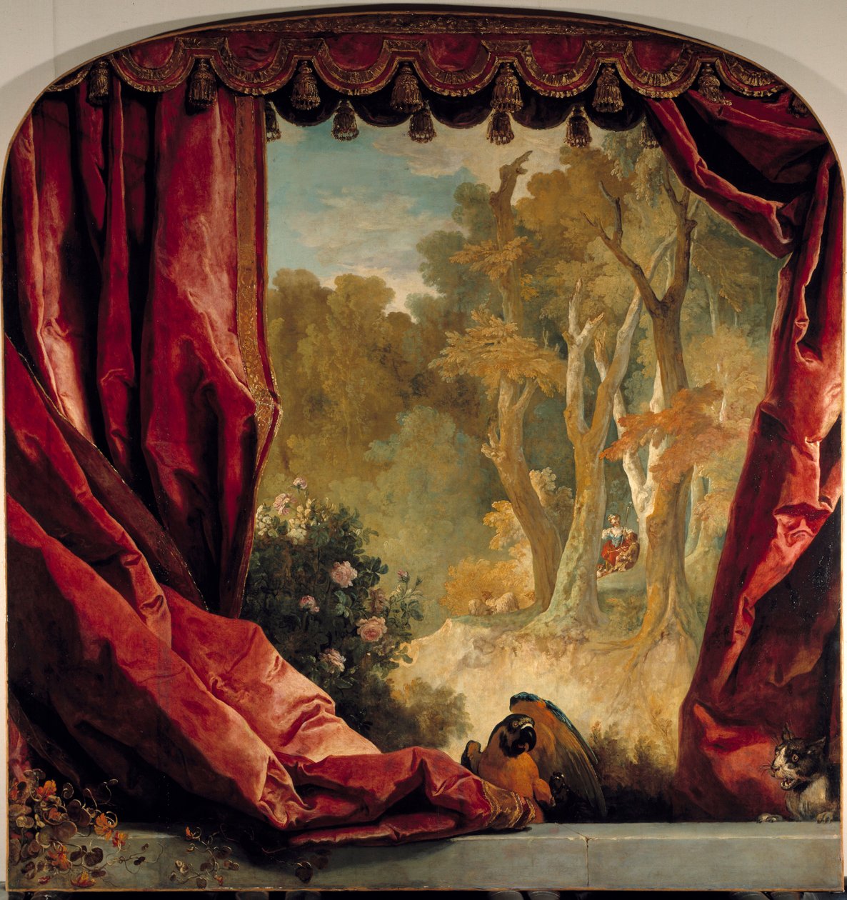 カーテン、風景、動物が描かれた装飾的な構図 ニコラ・ド・ラルジリエール（1656-1746）の絵画 18世紀 日2,61×2,51メートル 作： ニコラ・ド・ラルジリエール