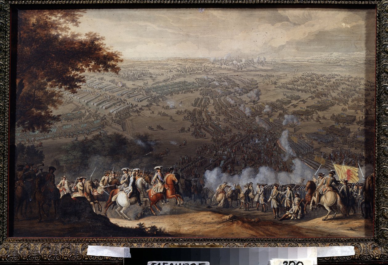 1709年6月27日のポルタヴァの戦い。この戦いは、大北方戦争（1700年から1721年）において、スウェーデン王カール12世のスウェーデン軍とロシア皇帝ピョートル大帝の軍との戦いとなった。ニコによる絵画 作： ニコラス・デ・ラルメシン