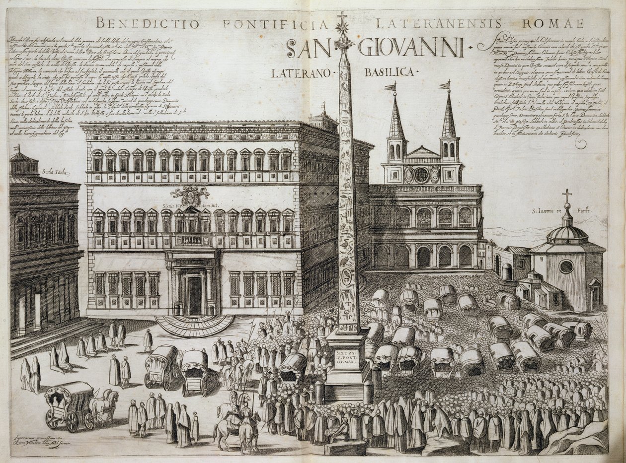 1588年、1600年にローマのサンジョバンニラテラノ大聖堂の前にあるオベリスクの奉納（193205も参照） 作： ニコラウス・ファン・アエルスト