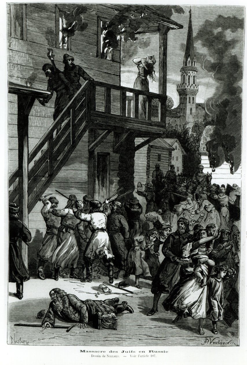 1881年6月のLe Journal IllustreのGustave Voulquin（fl.1880-90）によって刻まれたロシアのユダヤ人虐殺（bw写真） 作： ニールセン