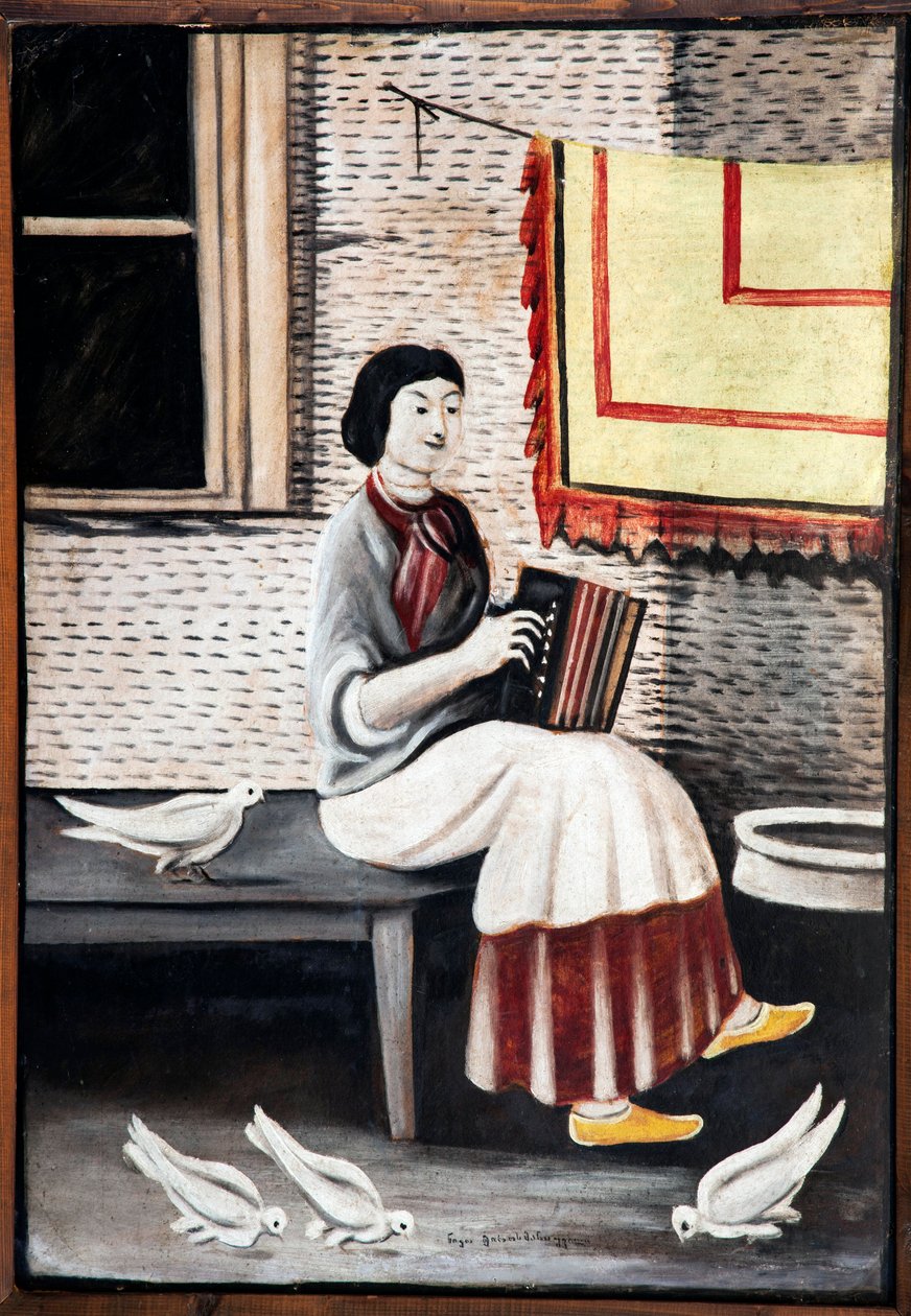 アコーディオンを弾くソナ・ゴラシュヴィリ par Pirosmani, Niko (1862-1918).厚紙に油彩、サイズ：109x71 作： ニコ・ピロスマナシュビリ