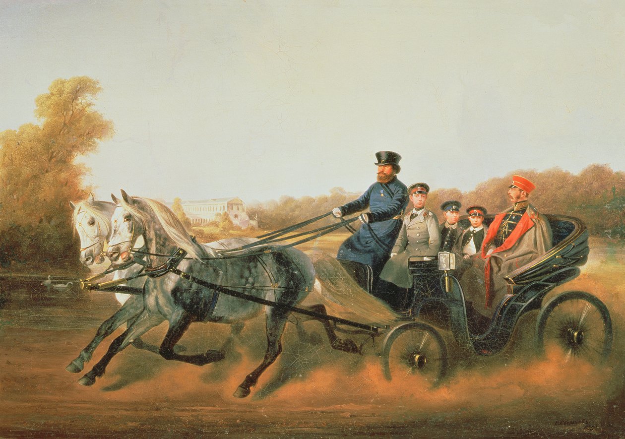 皇帝アレクサンドル2世（1818〜81年）、息子と一緒にザルスコエセロで運転、1850年代 作： ニコライ・エゴレヴィチ・スヴェルチコフ