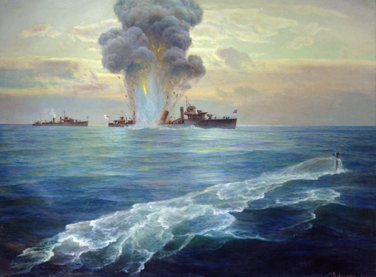 1939年9月1日、1939年セイスカリ島沖のボルシェビキ潜水艦パンテラによって魚雷を発射したイギリスの駆逐艦ヴィットーリア 作： ニコライ・エヴランピエヴィチ・ブブリコフ