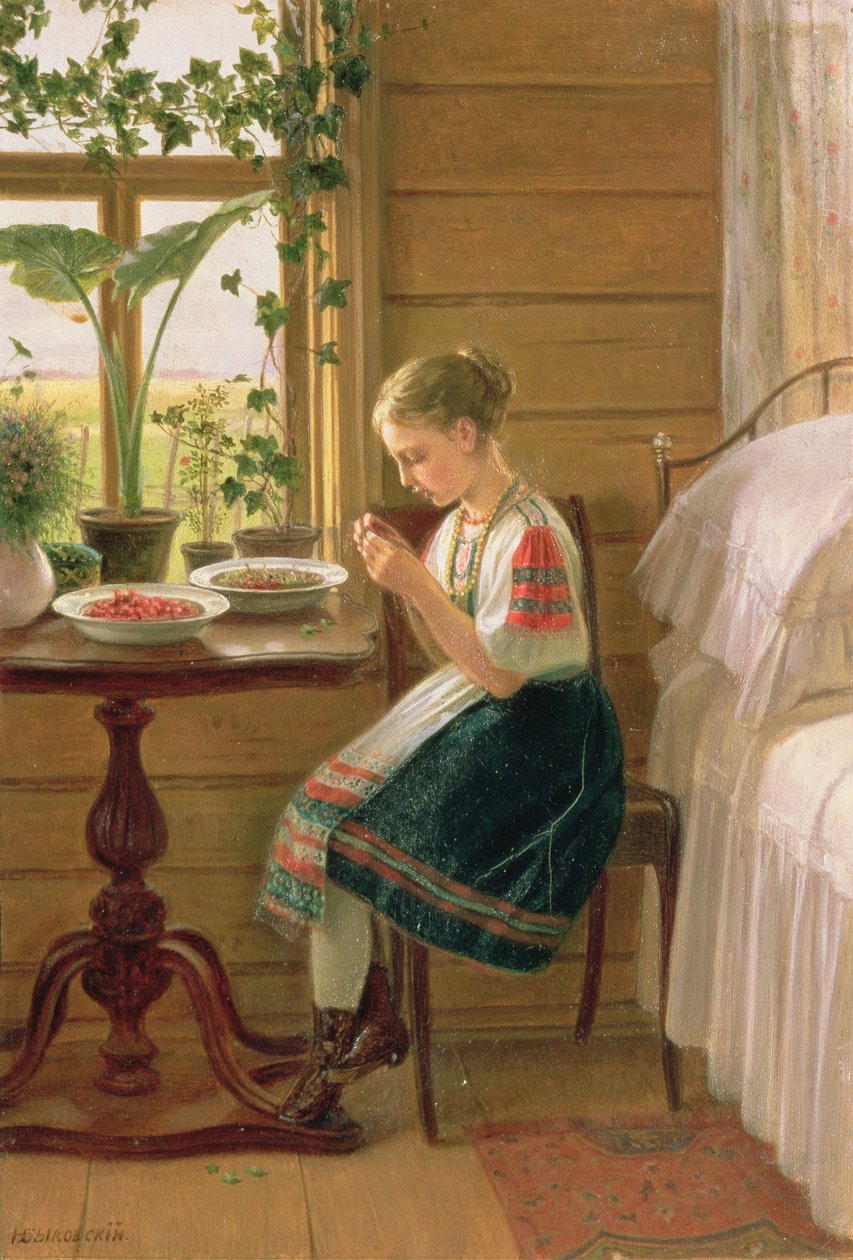 Girl Peeling Berries、1880 作： ニコライ・ミハイロヴィチ・ビコフスキー