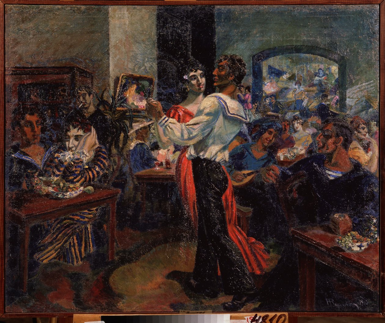 セーラーズバー。 Nikolai Afanasyevich Rusakov (1888-1941) による絵画、板金に油彩 作： ニコライ・アファナシエビッチ・ルサコフ