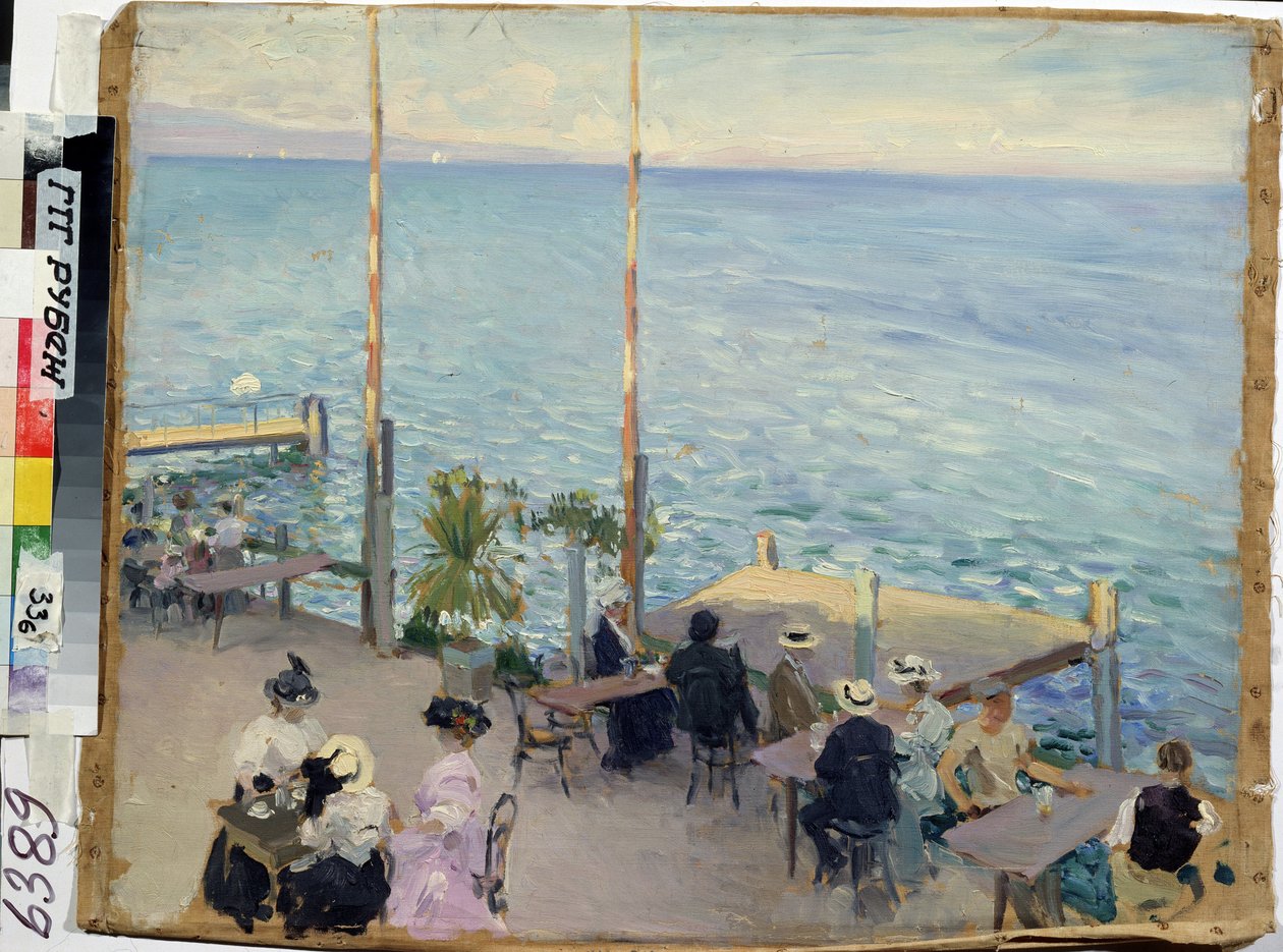 レマン湖、ジュネーブ (スイス)、カフェ。 （ジュネーブ湖。カフェ）。 Nikolai Alexandrovich Klodt (1865-1918) の画家、キャンバスに油彩 作： ニコライ・アレクサンドロヴィチ・クロード