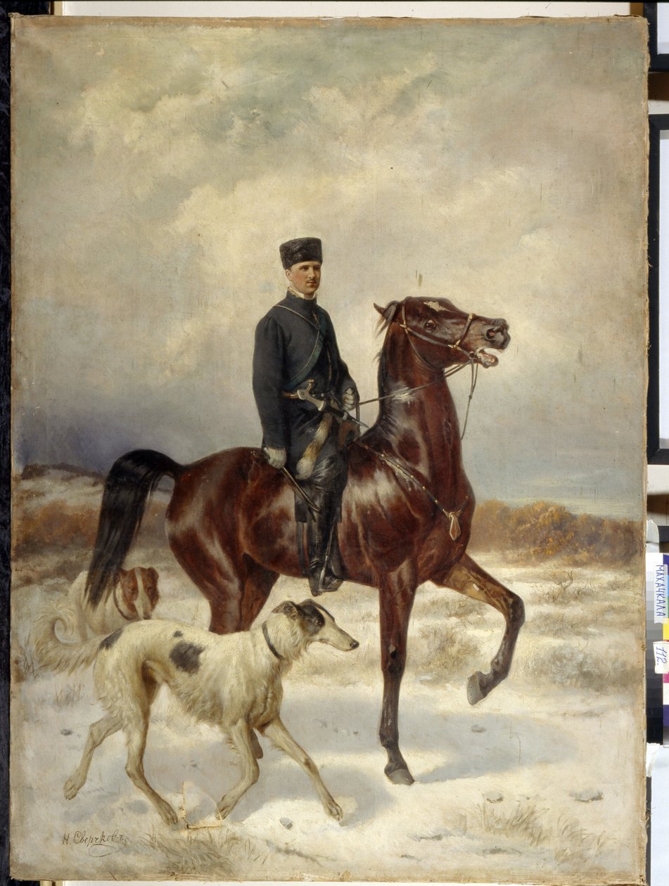 ハンター（ハンター）。 馬に乗って、彼のバルゾイ犬 (ロシアのグレイハウンド) と一緒に。 Nikolai Yegorovich Sverchkov (Nicolas Swertschkoff) (1817-1898) による絵画、キャンバスに油彩。 ロシア美術 作： ニコライ・エゴレヴィチ・スヴェルチコフ